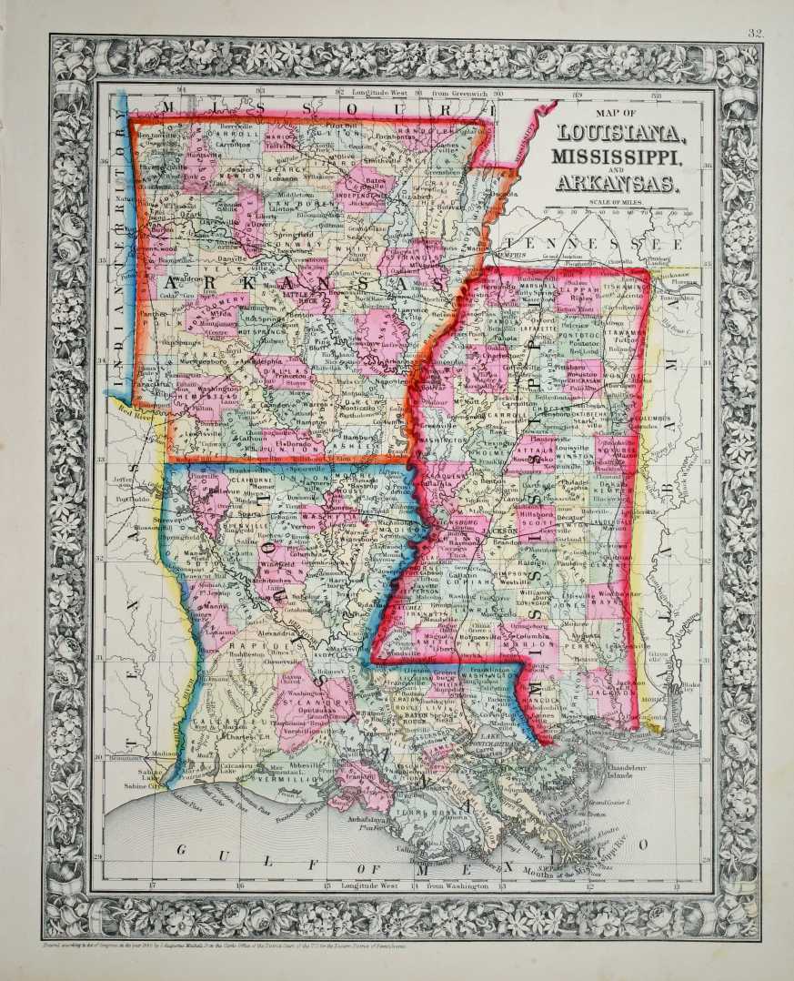 Map of Louisiana, Mississippi, and Arkansas